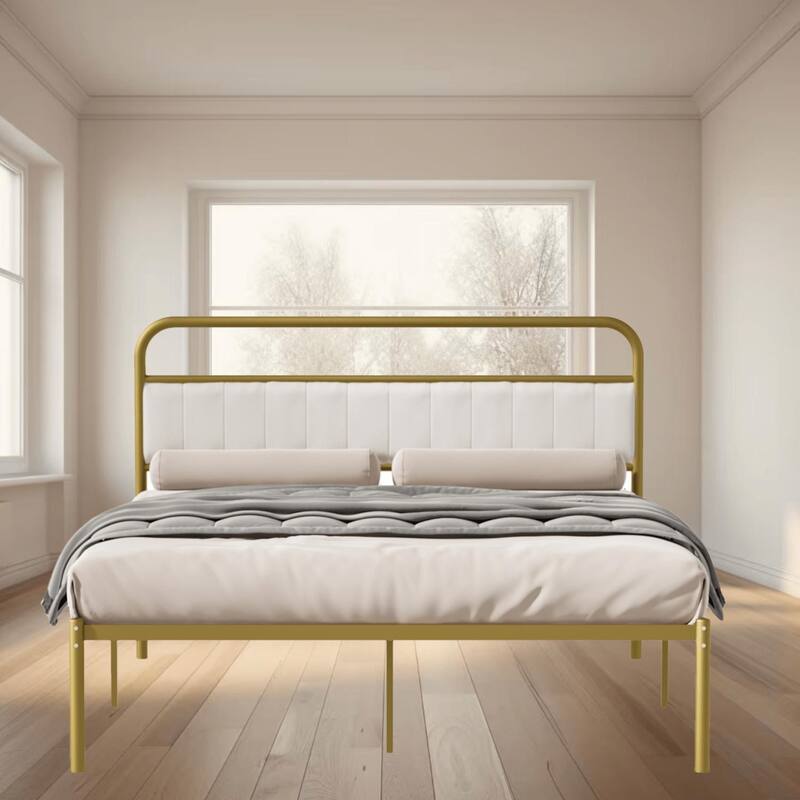 Queen Size Metal Platform Bed with Upholstered Headboard, Comfortable, Modern Design with 800lb Capacity, Bedroom Furniture - Beige+Gold - Queen