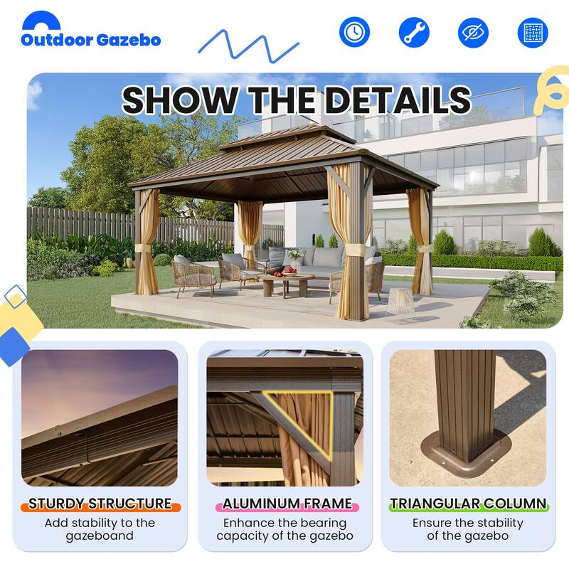 12 x 16 Outdoor Gazebo with Aluminum Frame and Double Roof, Permanent Hardtop Gazebo Includes Curtains&Netting
