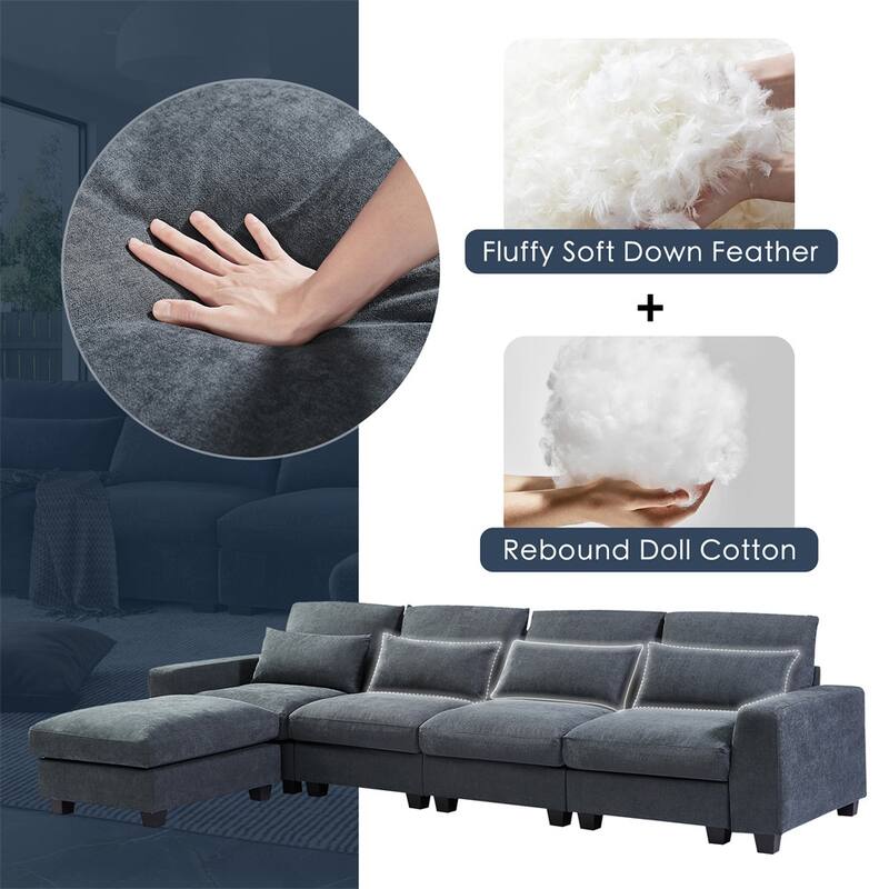 Modern Large L-Shape Feather Filled Home Sectional Sofa with 4 Pillows