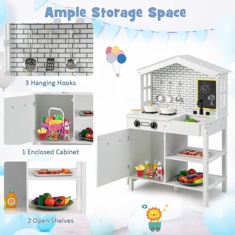 Kids Wooden Kitchen Play Set with Storage Shelves and Accessories-White - 24.5" x 13" x 35.5"