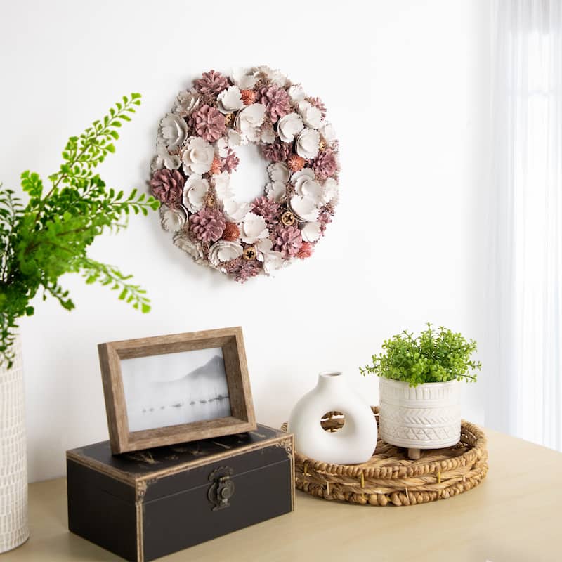 13" White and Pink Wooden Floral Christmas Wreath with Pinecones