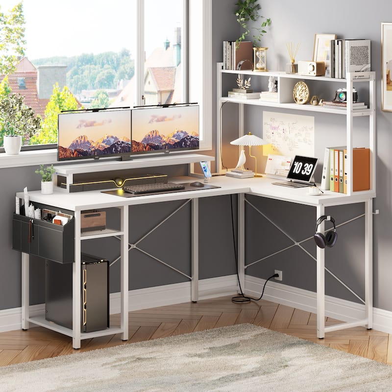 Farmhouse L-shaped Corner Desk with Charging Station, Gaming Table with Hutch and LED Light