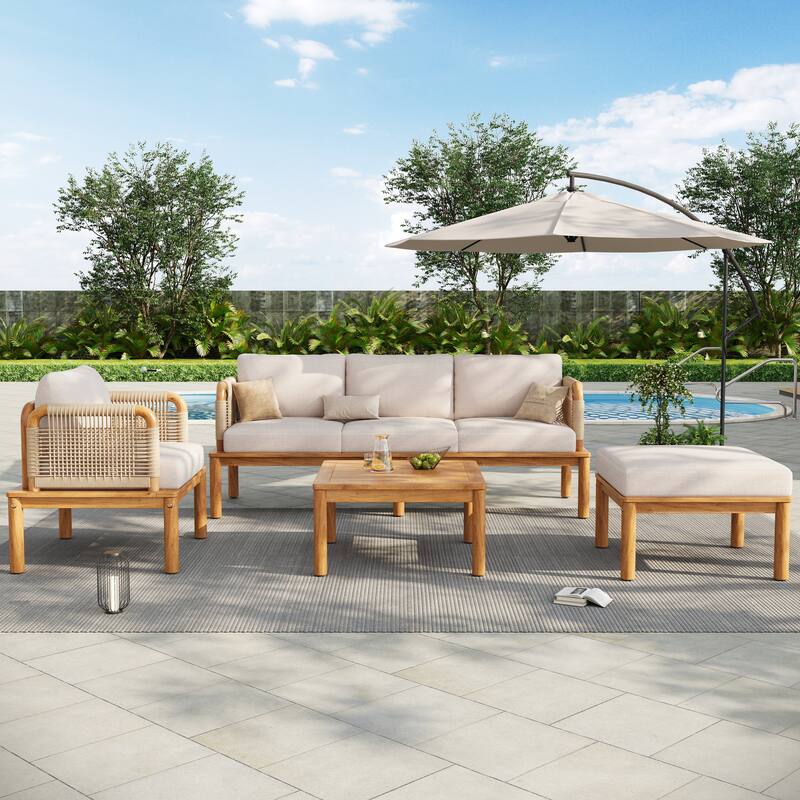 Christopher Knight Home - Emerson Outdoor 4-piece Acacia Wood and Rope Patio Sofa Set - Teak Finish+Beige cushion+Multi Beige Rope