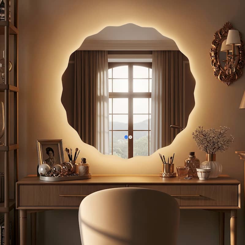 Round Frameless Dimmable LED Light Anti-Fog Wall Bathroom Vanity Mirror