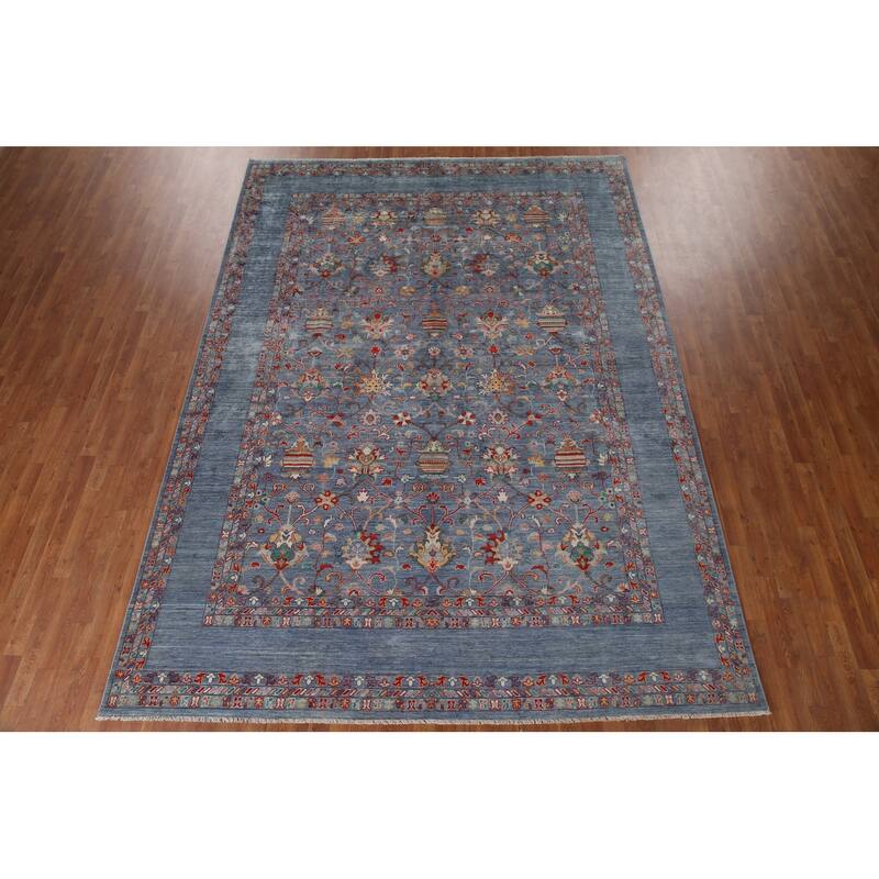 Hand Knotted Oriental 100% Wool Carpet Modern All-Over Navy Blue & Blues Art & Craft Area Rug - 12' 2'' X 8' 9''