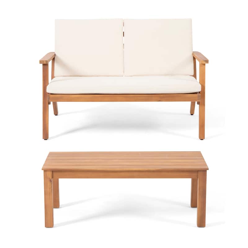 Temecula Acacia Wood Outdoor Loveseat and Coffee Table Set with Cushions by Christopher Knight Home - Brown Patina+ Cream
