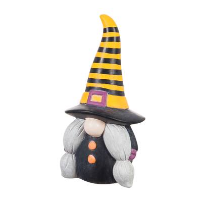9"H Ceramic Witchy Gnome Garden Statuary with Orange and Black Striped Hat
