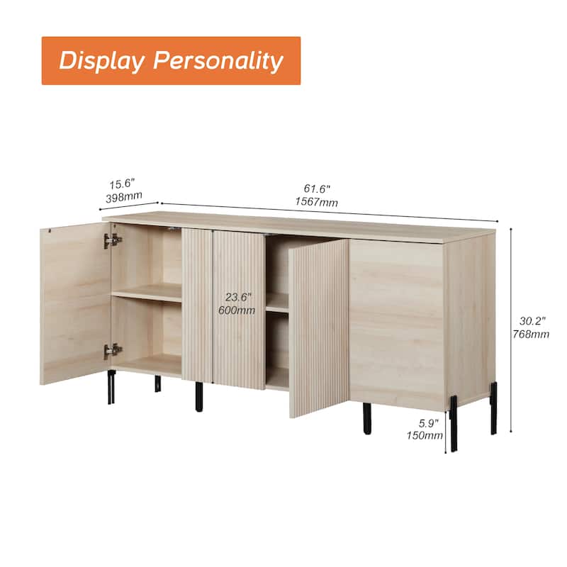 WAMPAT Wooden Reeded Baby Dresser For Bedroom, 61" 4-Door Cabinet For Kids, Mid Century Modern Closet Storage Organizer