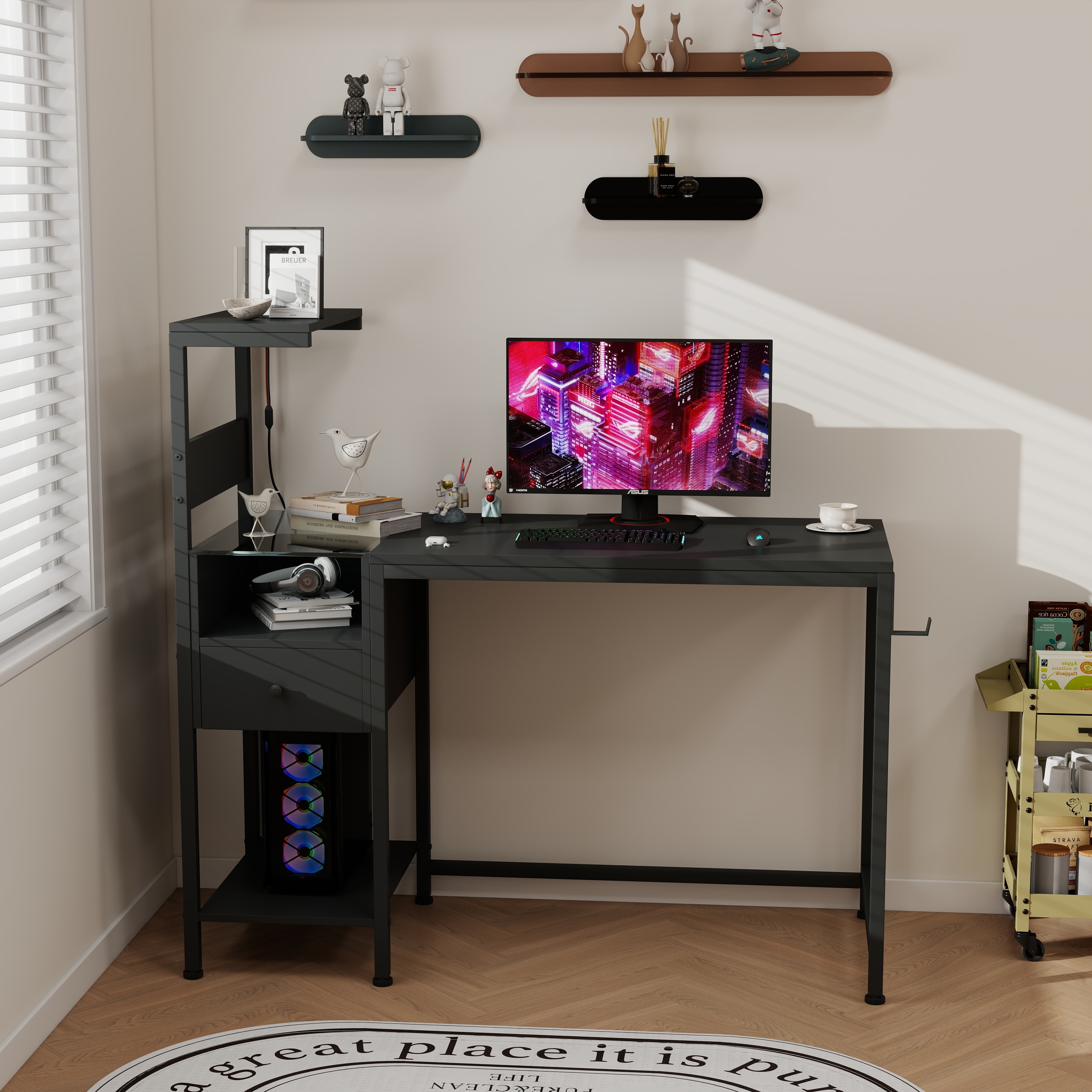 Computer Home Office Desk with Power Outlet,Study PC Table Workstation with Storage Shelves and Drawer