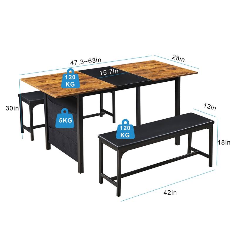 VECELO 3-Piece Dining Table Set with 2 Benches, 63" Extendable Kitchen Table & Chairs Set for 4-8, Dining Room Table