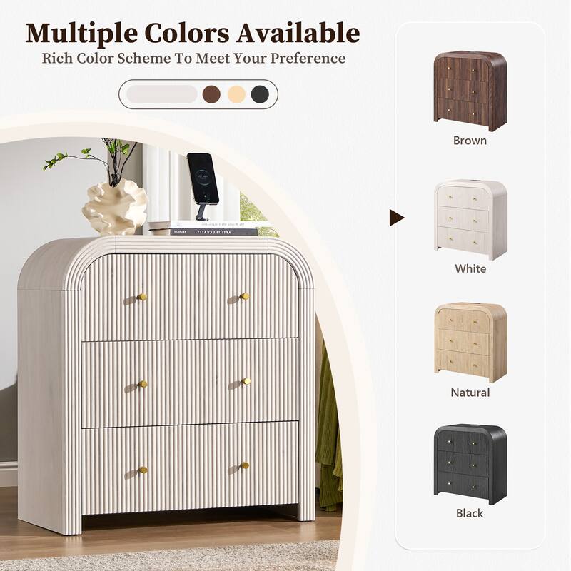 Modern Fluted 3 Drawers Dresser, Rounded Corner Chest of Drawers