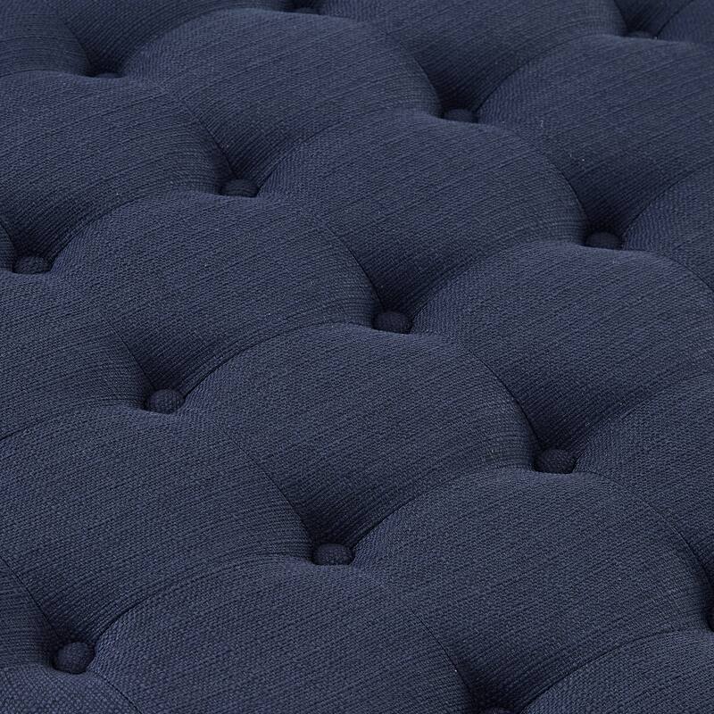 Large Round Tufted Linen Ottoman Coffee Table with Wood Shelf Storage - Navy Blue Hue