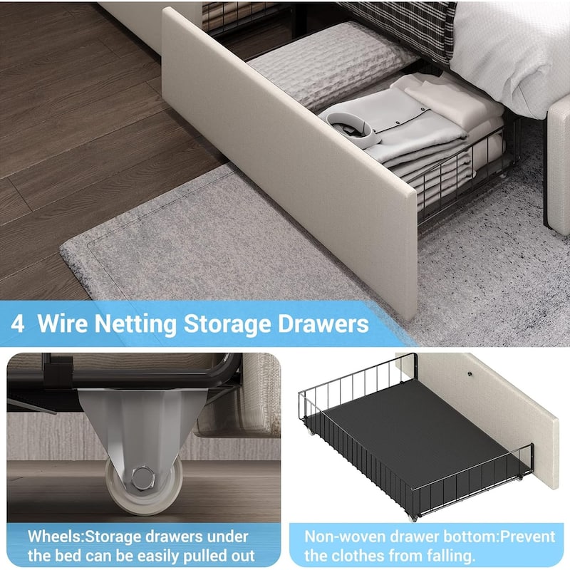 Bed Frame with 4 Storage Drawers1 USB /Type-C Charging Station