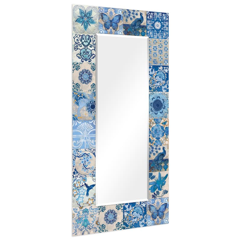 "Blue & White Tiles" Abstract Rectangular Beveled Wall Mirror on Free Floating Tempered Glass - Clear - 72 x 36