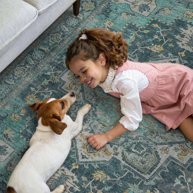 Mcow Green Floral Low Pile Machine Washable Non-Slip Area Rug