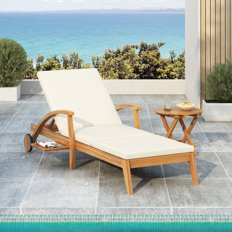 Outdoor Recliner Side Table Set - Cream and Teak