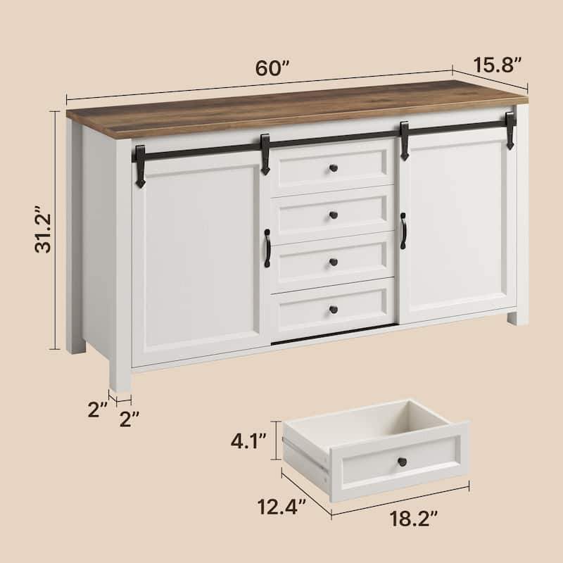Farmhouse Sideboard Buffet Cabinet with Storage,Coffee Bar Cabinet with 4 Drawers and Sliding Barn Doors