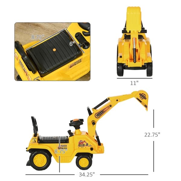 Ride On Excavator Pull Cart, Kids Digger Ride on Truck with Horn, Under Seat Storage, Sit and Scoot Pretend Play Toy