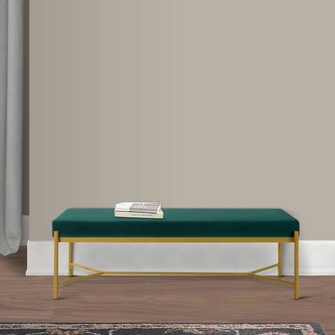 Lola 55 Inch Modern Foyer Bench, Green Velvet Seat and Gold Metal Frame