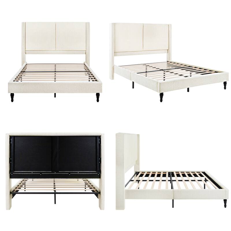 Boucle Upholstered Platform Bed with 55.5" High Wingback Headboard, Slats Support, Solid Wood Feet and Optional King or Queen