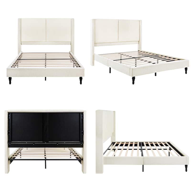 GDFStudio - Jane 55.5" High Back Upholstered Headboard Bed Frame with Slat Support and Solid Wood Feet