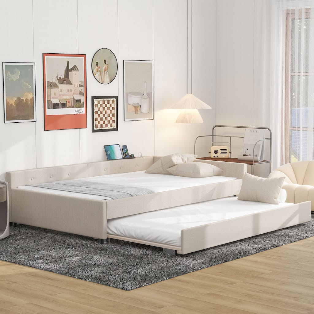Full Daybed Frame with USB Charge and Trundle - Beige