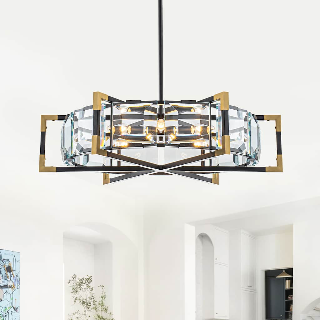 6-Light Modern Chandelier Crystal Round Frame, Black & Gold Frame - Dia.26.77-in