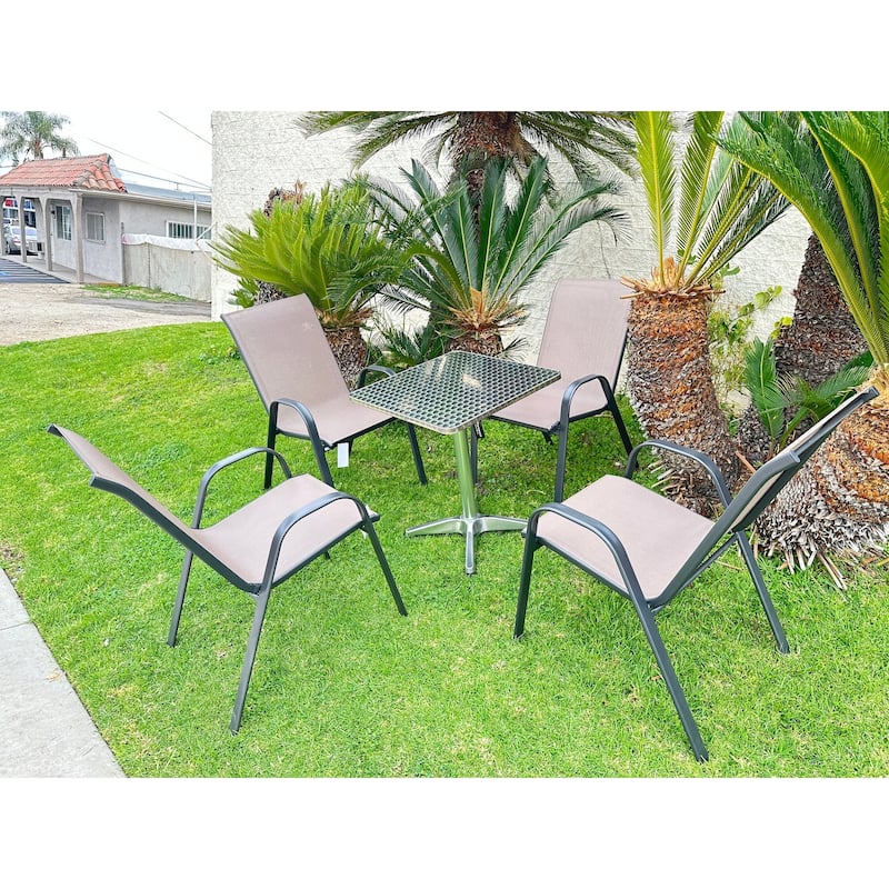 BTEXPERT Indoor Outdoor 23.75" Square Restaurant Table Steel Aluminum + 4 Brown Flexible Sling Stack Chairs