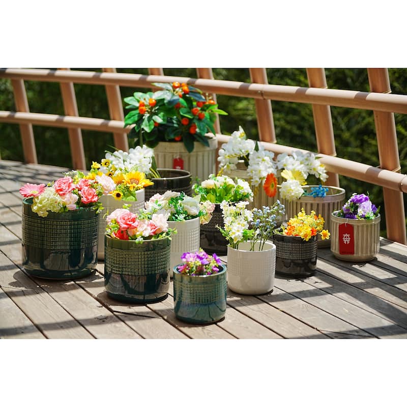 Set of 3 Grid Ceramic Flowerpot, Modern Planter for Patio, Garden, Windowsill