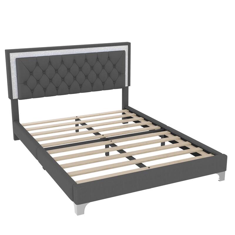 Queen Size Upholstered Bed Frame with LED Lights, Modern Velvet Platform Bed with Tufted Headboard, Pink