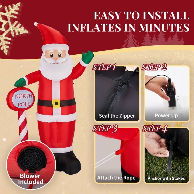8.2FT Lighted Christmas Decoration Inflatable Santa with North Pole Road Sign
