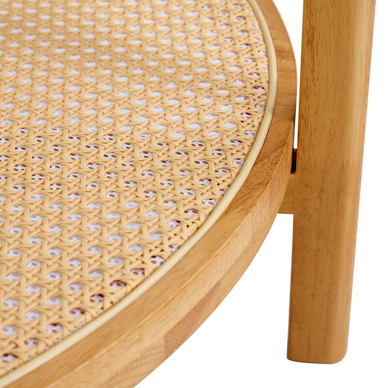Circular Double-Layer Coffee Table, Glass Coffee Table with Open Rattan Storage Shelf Solid Wood Frame Tea Table