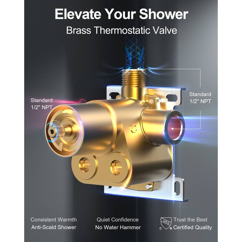 GRANDJOY Shower Faucet System 12" Wall Mount Rainfall Shower Head Body Jets Handheld Spray with Hose Thermostatic