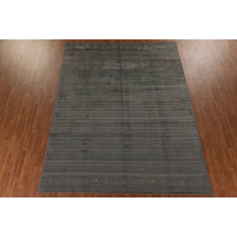 Striped Green Gabbeh Area Rug Hand-Knotted Wool Carpet - 8'10"x 11'8"