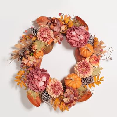 SAFAVIEH Lilea Faux 28 Inch Peony & Pumpkin Wreath with Pine Cones - 28" W x 28" D x 8" H - 28Wx28Dx8H