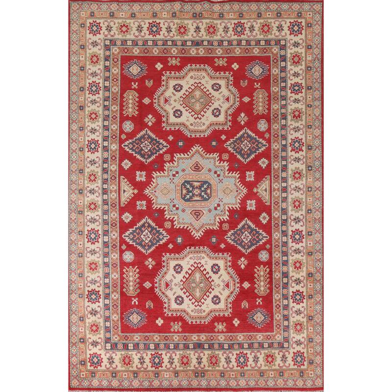 Hand Knotted Oriental 100% Wool Carpet Traditional Geometric Red Kazak Area Rug - 9' 10'' X 6' 7''