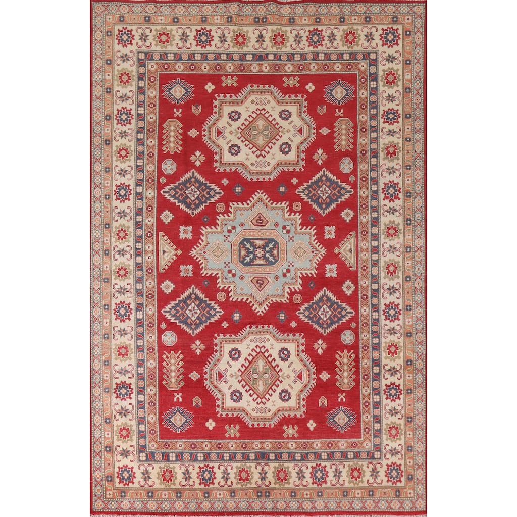 Hand Knotted Oriental 100% Wool Carpet Traditional Geometric Red Kazak Area Rug - 9' 10'' X 6' 7''