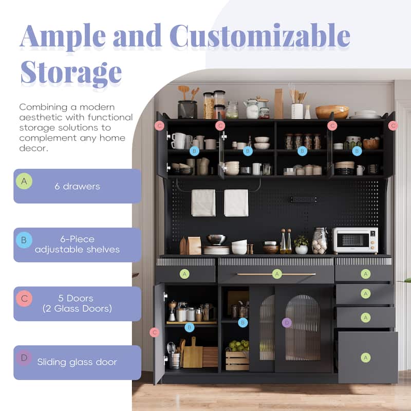 Freestanding Buffet with Hutch, Large Coffee Bar Storage Cabinet with Drawers, Cabinets with Adjustable Shelves