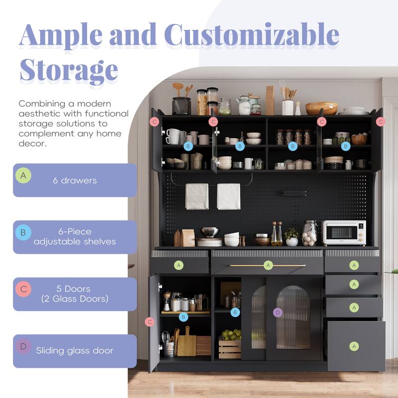 Roomfitters Freestanding 63" Buffet with Hutch and Power Outlet, Coffee Bar Storage Cabinet