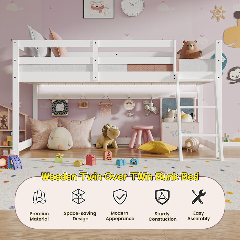 Convertible Twin Loft to Bunk Bed with LED Lights, Solid Wood Frame, White - 400lbs Capacity