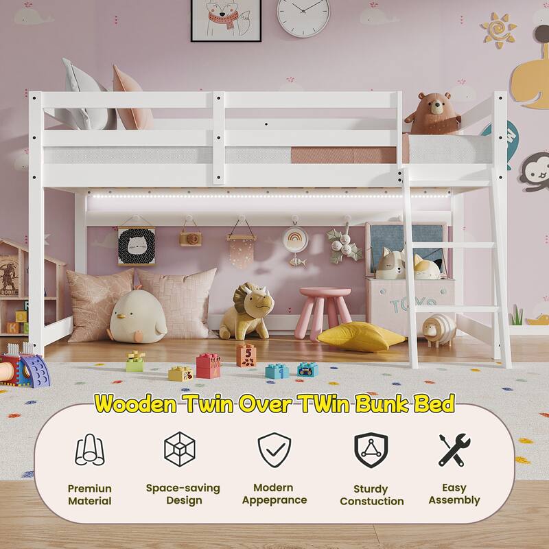 Kids Low Twin Size Loft Bed Convertible to Bunk Bed with LED Strip Lighting, Wooden Twin Over Twin Size Bunk Bed Frame