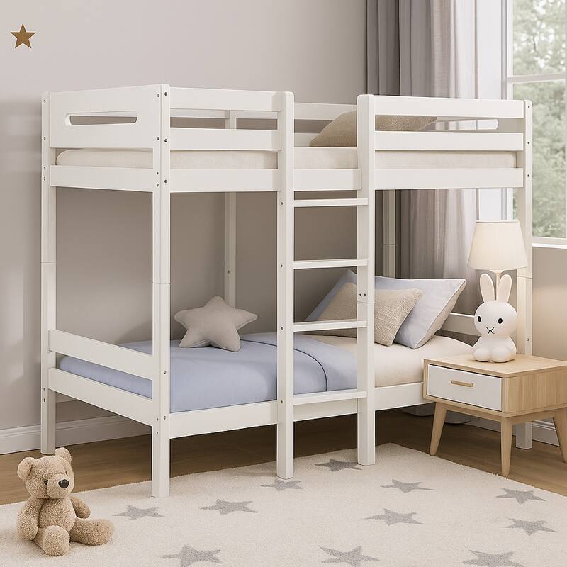 Asin Twin Bunk Bed with Front Facing Ladder, Pine Wood, Crisp White Finish