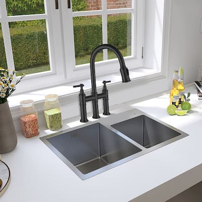 GIVINGTREE Transitional Bridge Kitchen Faucet with Pull-Down Sprayhead in Matte Black