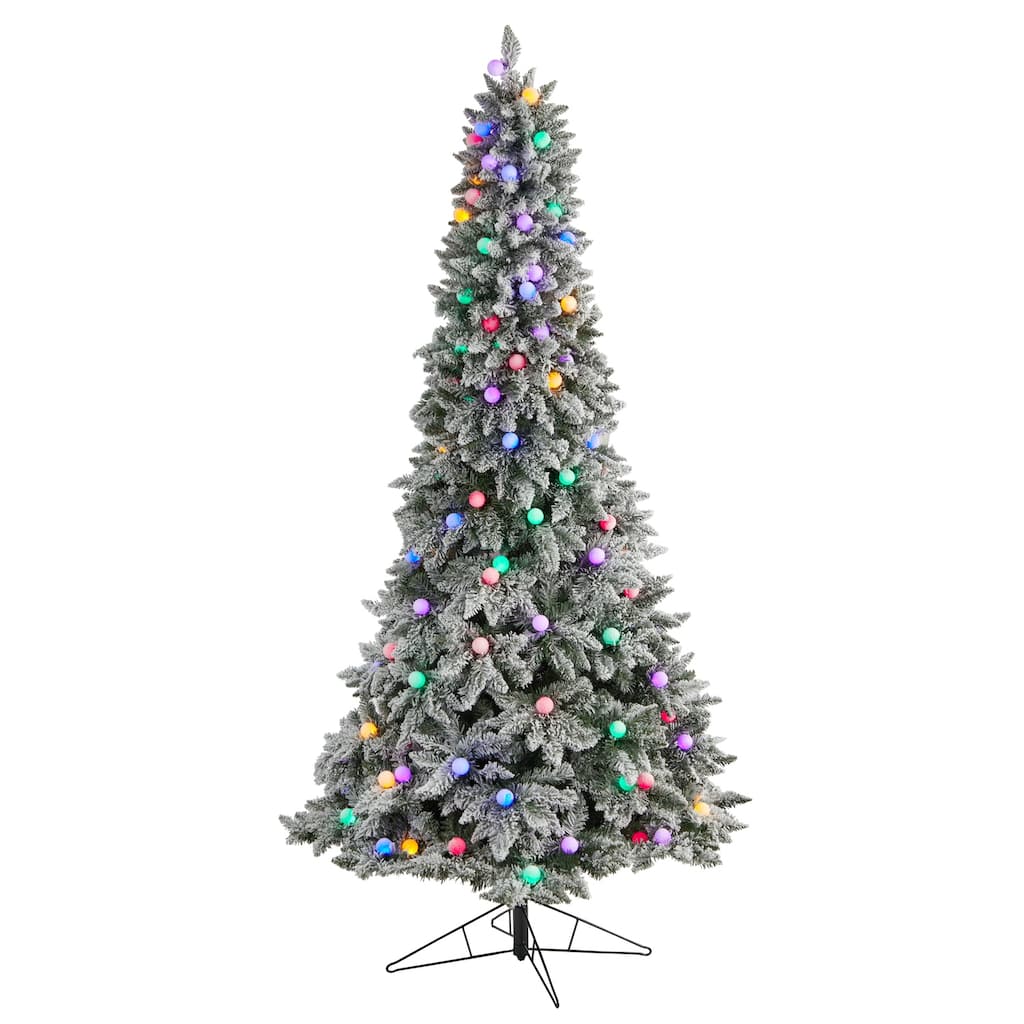 8.5ft. Flocked Fir Artificial Christmas Tree with 120 Multicolor Globe Bulbs & 1513 Branches - Festive Holiday X-Mas Glow
