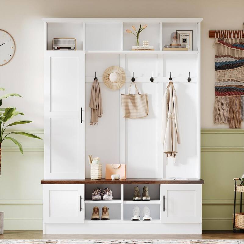 Versatile 3-in-1 Farmhouse Hall Tree with with 6 Hooks & Adjustable Shelves - Walnut Storage Benchr