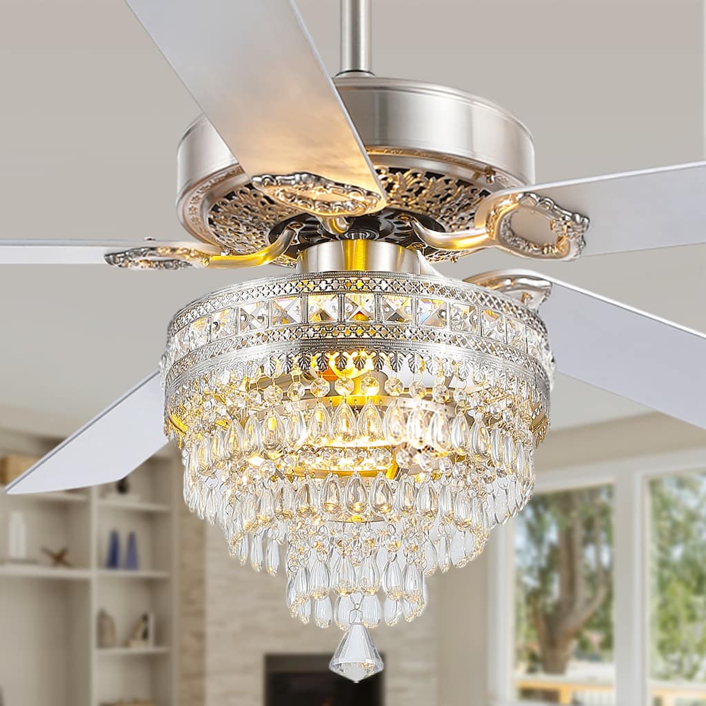 52 Inches Crystal Ceiling Fan Light,Chandelier,APP and Remote Control,5 Dual Side Plywood Blades,Reversible AC Motor - 52 Inches