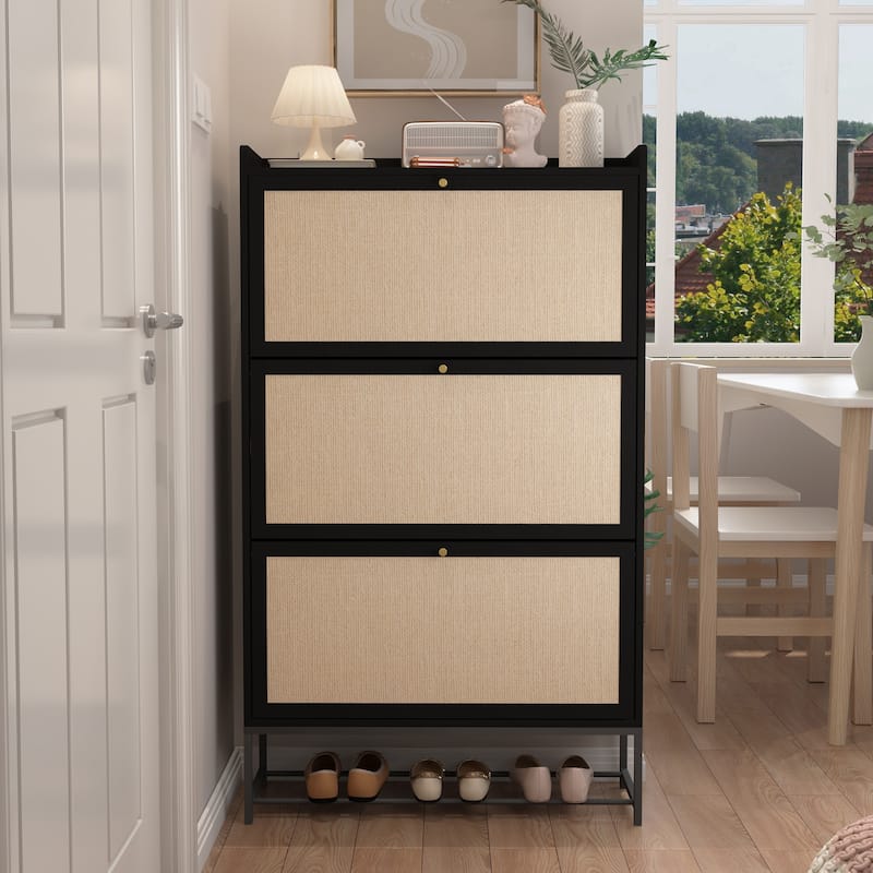 Wooden Shoe Storage Cabinet with triple-tier flip-up drawer - Black