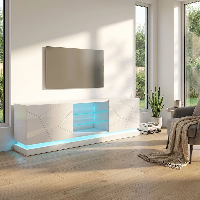 Meble Furniture Qiu Modern TV Console 63" or 79" Wide High Gloss Finish with LED Lights - Entertainment Center for up to 85" TVs