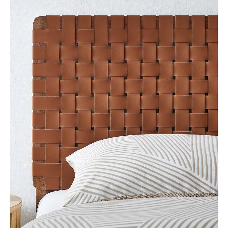 Ditmas Solid Wooden Brown Leather Basket Weaved Twin Size Headboard