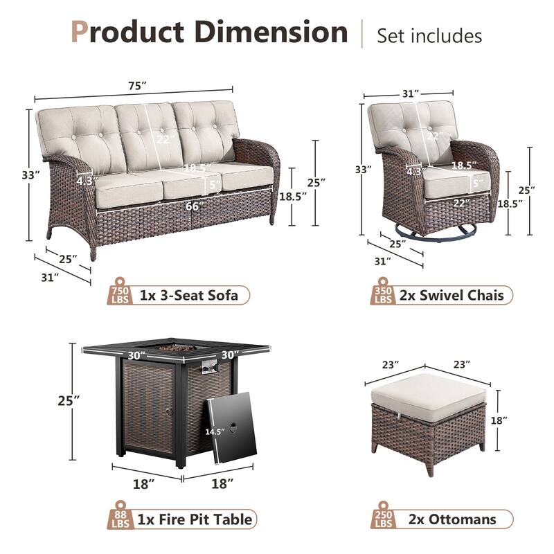 Pocassy Outdoor 30 In Fire Table with Sofa Patio Swivel Chair Set